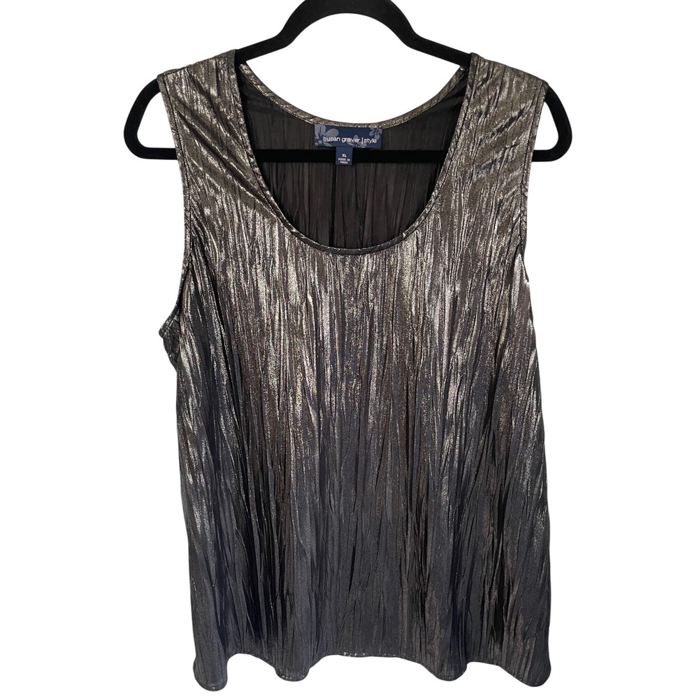 Susan Graver Style Metallic Silver Crinkle Pleated Tank Top Womens XL Shimmer
